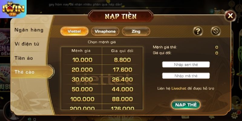Hướng dẫn nạp thẻ điện thoại vào tài khoản IWIN