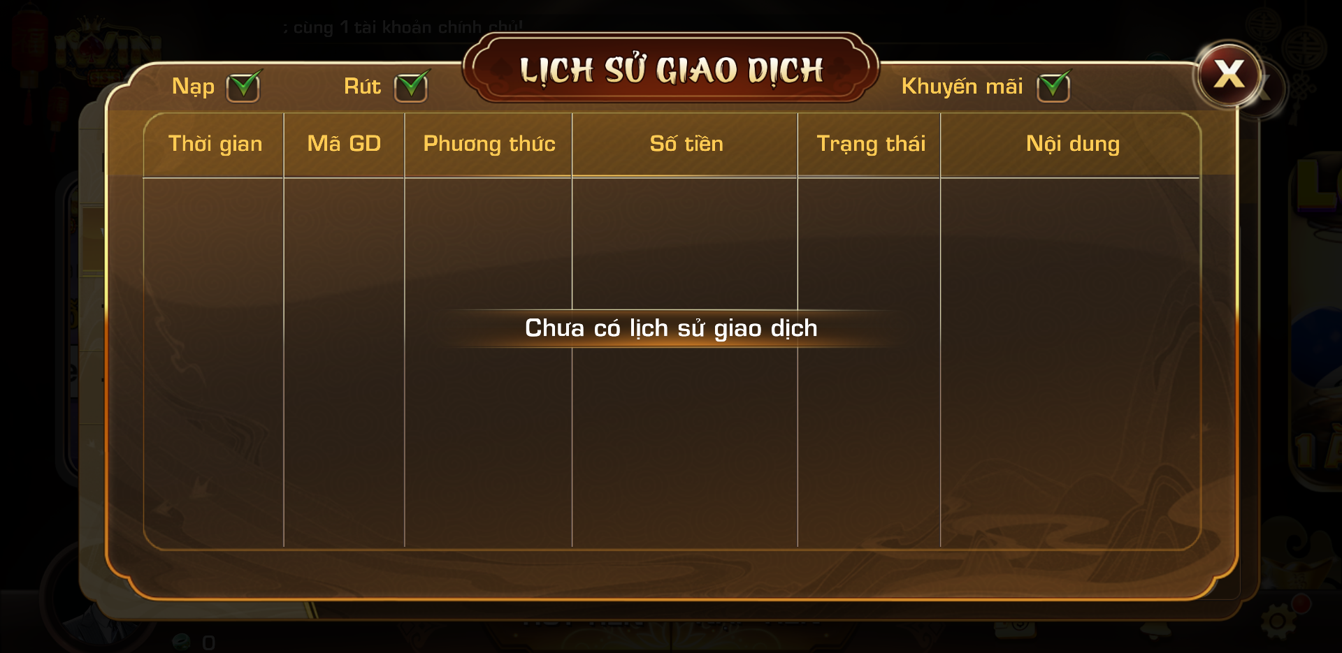 Bảng trạng thái giao dịch trên hệ thống nạp rút tiền IWIN