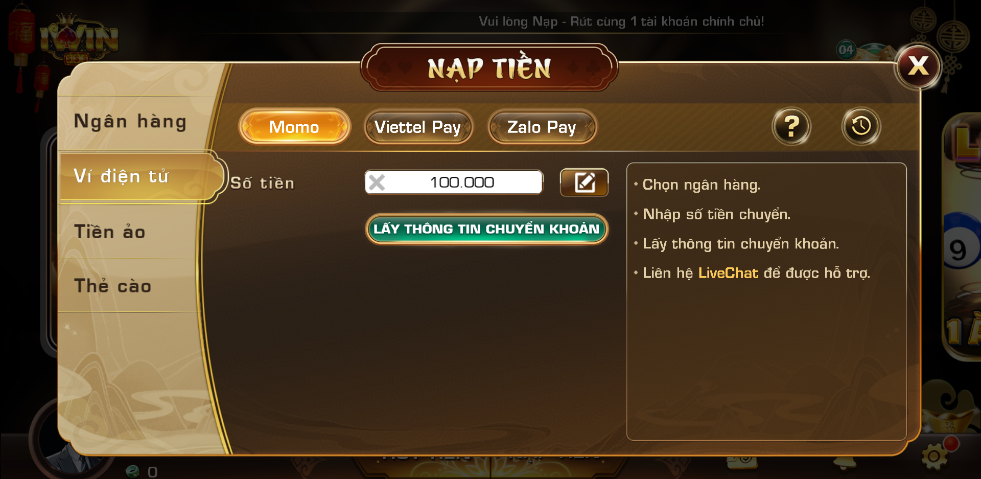 Các kênh thanh toán tại hệ thống nạp rút tiền IWIN