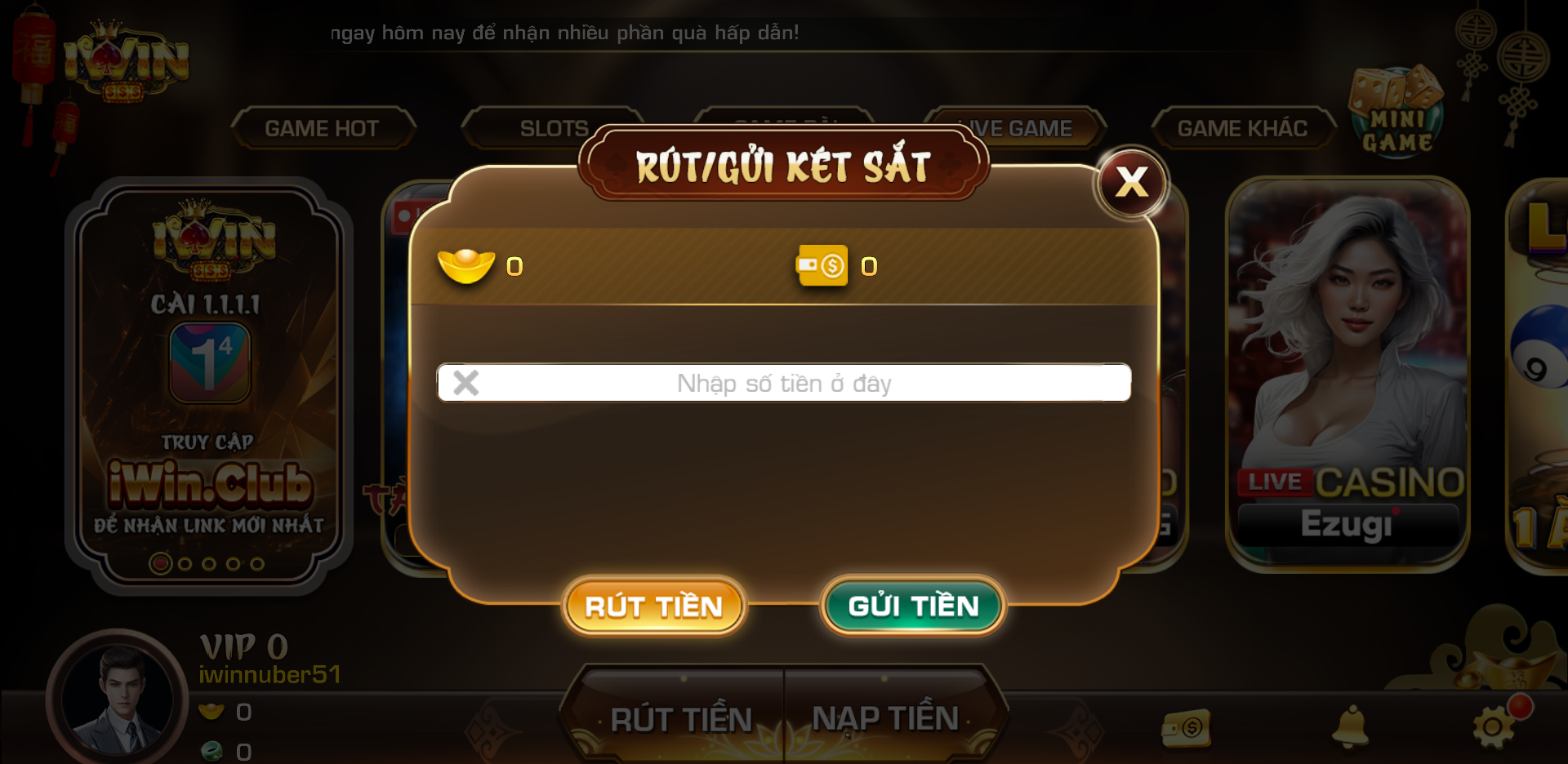 Giao diện két sắt giúp bảo mật số dư tài khoản IWIN thực tế