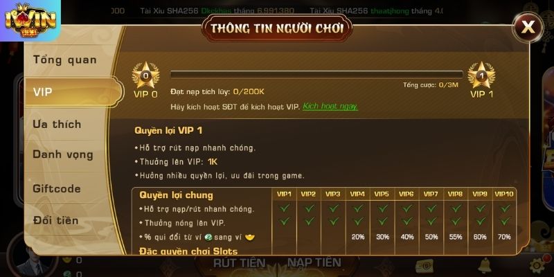 Giao diện nạp tích lũy 200K thăng hạng IWIN VIP chính thức